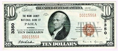 Paola, KS - 1929 Ty. 1 The Miami County NB Ch. # 3350. D001555A - Image 1 of 2