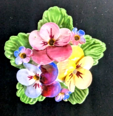 Vintage Denton Bone China Floral Brooch Made In England Hand Painted Box 2inx2in - Image 1 of 4