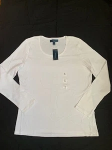 NWT Women's Karen Scott Basic Essential White Cotton Long Sleeve Tee Top M - Picture 1 of 5