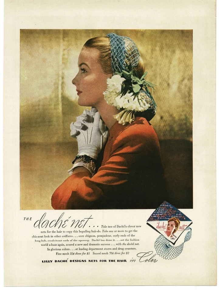 1944 LilLy Dache Hair Net 1940s Women's Fashion Style Vintage Print Ad 1 - Image 1 of 1