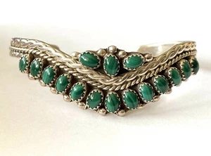 Zuni Nancy Haloo NH Sterling 925 Malachite Stampwork Rope Ladies Bracelet Cuff  - Picture 1 of 11