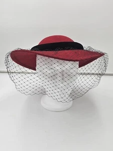 De colección Sonni Lancaster Nordstrum Mujer Rojo Lana Sombrero Fascinador Velo Negro - Imagen 1 de 7