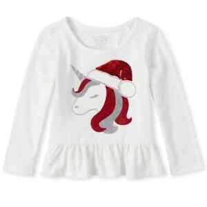 NWT The Childrens Place Unicorn Glitter Christmas Girls Peplum Shirt 2T 3T 4T 5T