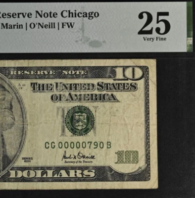 2001 $10 Federal Reserve Note PMG 25 Birthday Low Serial Number 00000790 - Image 1 of 3