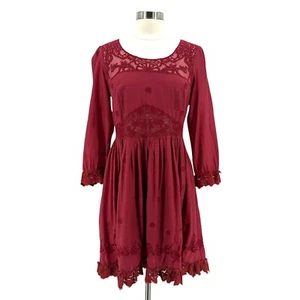 Free People Womens 8 Montana Dress Red Lace Embroidered Fit & Flare Western Boho - Picture 1 of 9