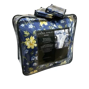 New Laura Ashley Emilie Queen Reverse Comforter & Window Valances Blue Floral - Picture 1 of 6