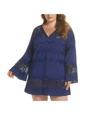 La Blanca 游泳遮瑕束腰外衣尺寸 2X 海军蓝刺绣钩针海滩沿海 — 第 1/4 张图片