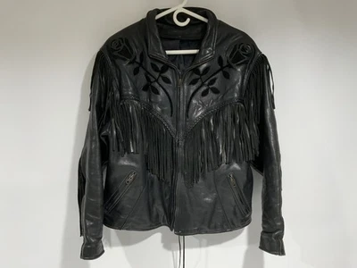 Abrigo Chaqueta Mujer Talla L Vintage Negro Rosa Flor Flecos Cuero Foto 1 de 4