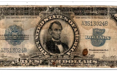 $5 "1923"(HORSEBLANKET)  (SILVER CERTIFICATE)  (RARE NOTE)! 1923 $5 "LINCOLN" - Image 1 of 3