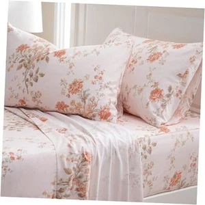 King Size Sheets 100% Percale Cotton Orange Floral Bed Sheet Set, Brushed for - Picture 1 of 8
