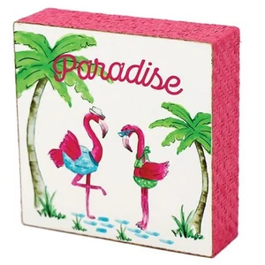 Letrero de bloque de madera Flamingos in Paradise bandeja de nivel estante cuidador - Imagen 1 de 1