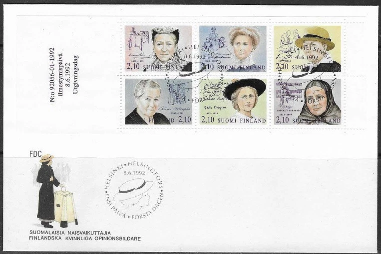 Finlandia 1992 mujeres finlandesas notables, médicas, poetas, políticas, etc. Funda Primer Día Foto 1 de 1