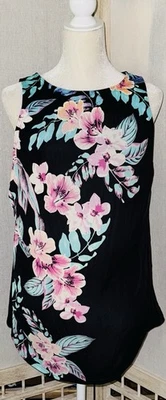 LANDS END 12 Black Tropical Floral High Neck Tankini Swimsuit Top Shelf Bra - Image 1 of 4