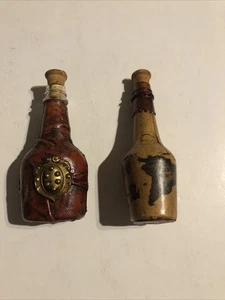 2 Leather Wrapped Decanter/Bottles 4” Tall W/ Corks: Emblem & World Map - Picture 1 of 5