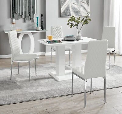 IMPERIA White High Gloss Dining Table & 4 Faux Leather Milan Dining Chairs