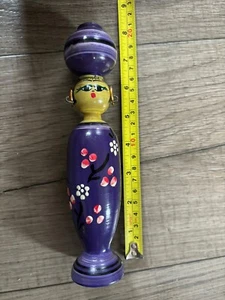 Vintage Hand Painted Egyptian Wooden Spindle Spool Doll Folk Art Purple Figurine - Picture 1 of 4