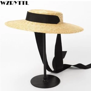 Wide Brim Boater Hat - Black Ribbon Straw Hats Womens Fashion Beach Headwears - Picture 1 of 14