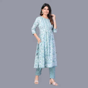 Floral Printed Mirror Work Pure Cotton Kurta Set with Trousers & Dupatta - Picture 1 of 8