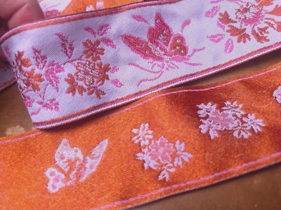 Jacquard Cinta Reversible Flores Mariposa 1 3/4" Óxido Naranja Lila 1yd Foto 1 de 4