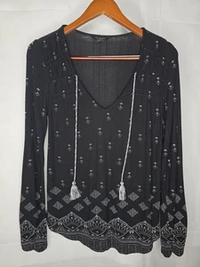 Lucky Brand Peasant Top Black White Long Sleeve Tasseled Boho V-neck S - Picture 1 of 21