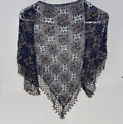 Black Embellished Beaded Crochet Shawl Scarf Wrap Fairy Whimsy Boho Colorful - Image 1 of 4