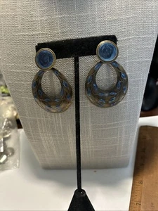 Pretty Bronze & Blue Enamel Pierce Earrings 2 1/2” By 1 1/2” - Picture 1 of 11