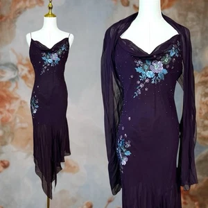 Vintage Y2K 00s Purple Floral Beaded Asymmetrical Silk Fairy Dress Sz 8 Med - Picture 1 of 9