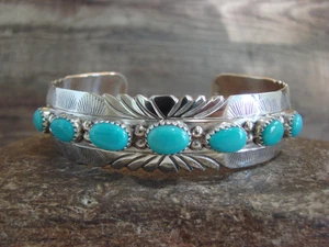 Native American Sterling Silver & Turquoise Row Bracelet by Segar - Picture 1 of 6