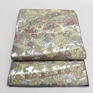 Kimono giapponese Fukuro Obi seta Karahana argento 173,2 pollici donna - Foto 1 di 11
