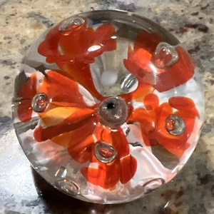 St Clair Trumpet Paperweight 3” White and Orange/ Red Floral - Picture 1 of 8