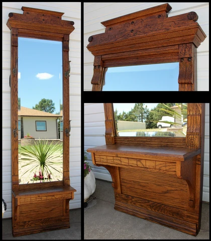 Antique Solid Oak Pier Hall Foyer Bedroom Beveled Mirror w 4 Brass Hooks & Ledge Cover