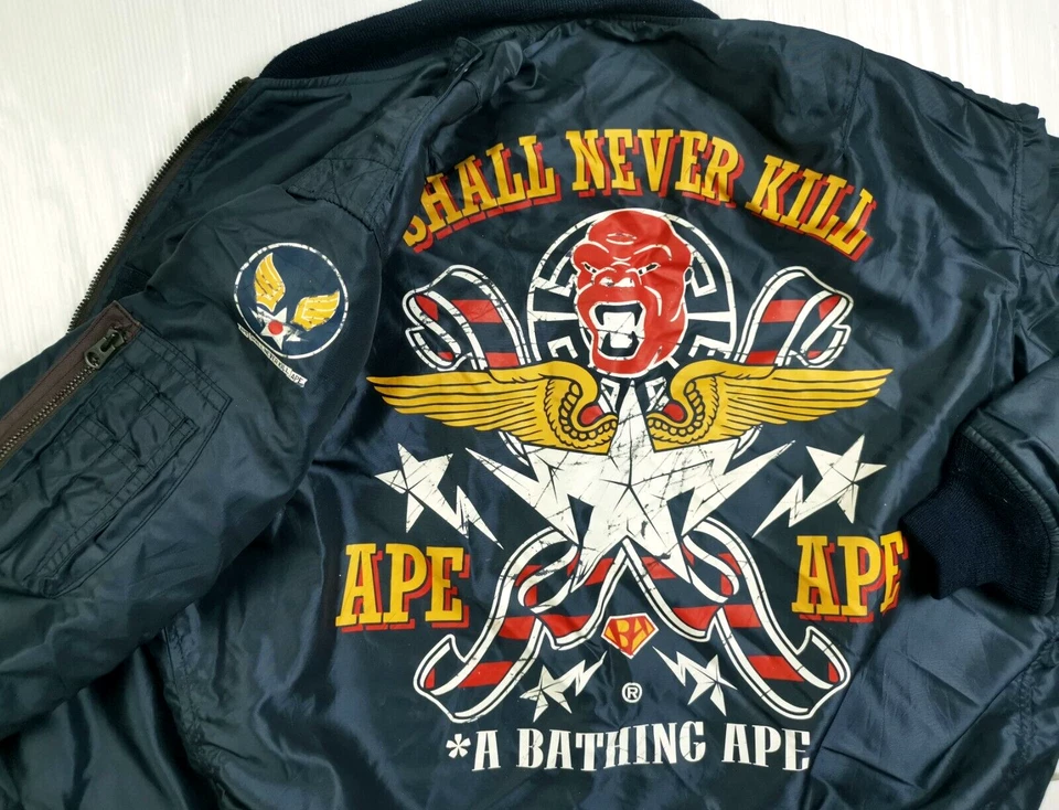 HOT VTG Men's A BATHING APE @ MA1 BOMBER SHALL NEVER KILL NAVY Jacket L (*Fit M) - Image 1 of 4