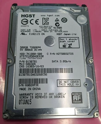 HGST 7K1000 HTS721050A9E630 500GB SATA 2.5" HDD 0J30701 DA6326 0J14465 DA4743C - Image 1 of 2