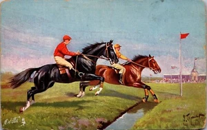 Vintage Tuck's Oilette Postcard Steeple chasing Water Jump Horse Jockey # 6670 - Picture 1 of 3