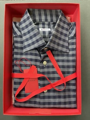 KITON Camicia Uomo US 16-41 Blu/Grigio Spina di Pesce Check Lana/Cotone Rosso Scatola RARA - Immagine 1 di 4