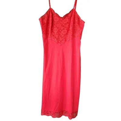 Vintage Vanity Fair Slip Dress Nightie Size 34 Tall 1970s USA Red Nylon & Lace - Image 1 of 4