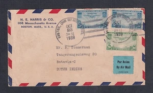 USA 1939 20c & 2x25c AIRMAIL ISSUES COVER BOSTON MASS. TO BATAVIA DUTCH INDIES - Picture 1 of 2