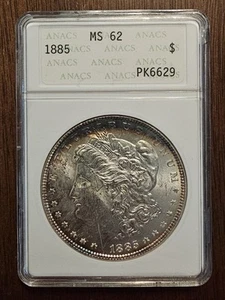 Toned 1885 Morgan Silver Dollar ANACS MS62 Soap Box Holder Gen 2 Old Holder - Picture 1 of 4