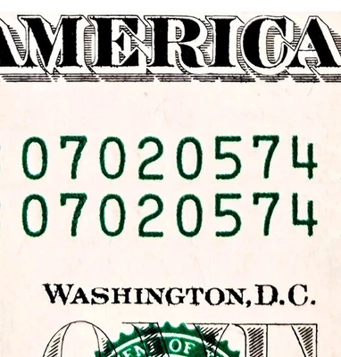 Same Matching Serial Number $1 Bill. Duplicate Serial Number. Unique Dollar. - Image 1 of 4