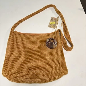Sakroots Häkel Schultertasche Handtasche Boho gewebt gelb gold Medium Neu mit Etikett - Bild 1 von 15