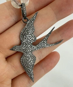 Vintage Sterling Silver Pave Diamond Bird Pendant Necklace With Moonstone Beads - Picture 1 of 10