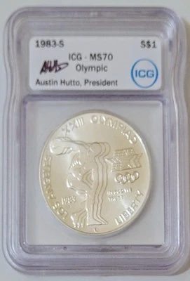 Rare 1983 S Olympic Commemorative Dollar ICG MS70, Signed by Austin Hutto - Image 1 of 4