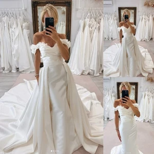 Vestidos de novia de satén desmontables tren fuera del hombro sirena blancos vestidos de novia - Imagen 1 de 18