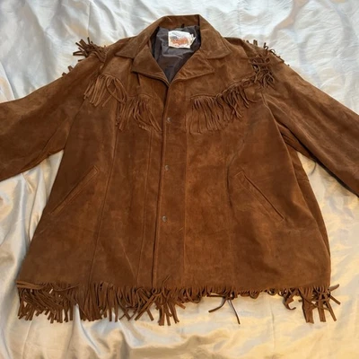 Abrigo de cuero gamuza occidental vintage excelente flecos cierre a presión chaqueta talla L Foto 1 de 4
