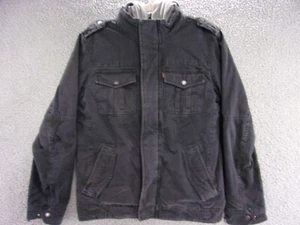 Levis Jacket Mens Small Black Denim Blend Hooded Wool Lined Zipper Snap Closure - Picture 1 of 7