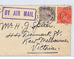 AUSTRALIA KGV Early Air Mail Cover 1928 Enmore NSW-Kew VICTORIA Angel Label YL35 - Picture 1 of 12