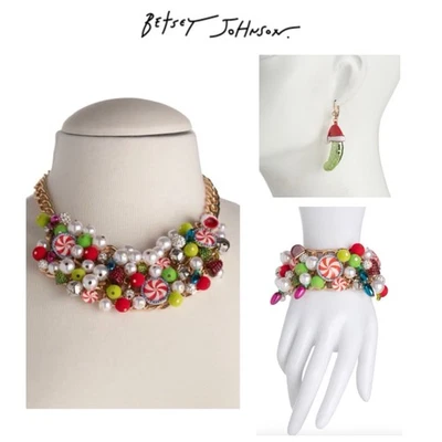 全新带标签 Betsey Johnson 圣诞糖果金色耳环/手链和项链套装 — 第 1/4 张图片
