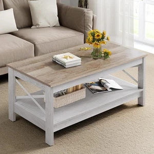 Couchtisch Holz 2 Ebenen, Rustikal mit Stauraum, X-Gestell, Wohnzimmertisch 80kg - Bild 1 von 7