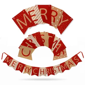 2 X Merry Christmas Xmas Bunting Red Banner Hanging Ornament Festive Decoration - Picture 1 of 7