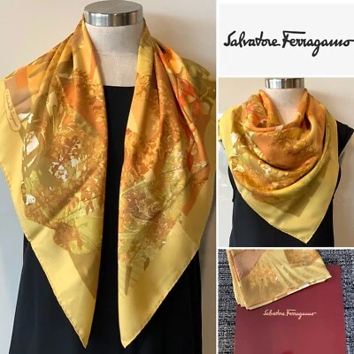 Шарф Salvatore Ferragamo из шелковой саржи желтый для тропических птиц 86x86 см с ручным подолом - Изображение 1 из 4